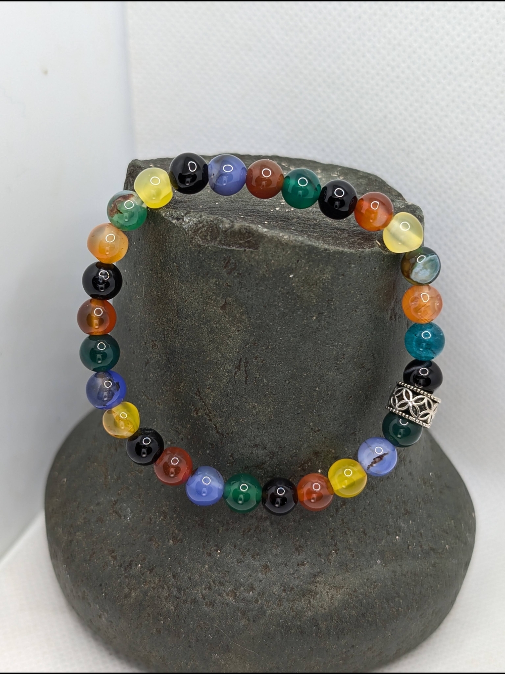 Hand Crafted Rainbow Beaded Bracelet with Silver Accent